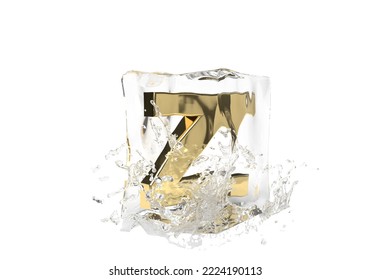 Gold Letter Z In Cube Of Melting Ice And Drop Water On Isolated Background. Idea For Winter Splash Banner. 3d Rendering