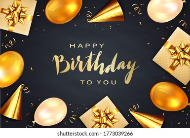 Gold lettering Happy Birthday on black background. Holiday balloons, party hat, gifts with golden bows, streamers and balloons. Illustration can be used for holiday design, posters, cards, banners. - Powered by Shutterstock