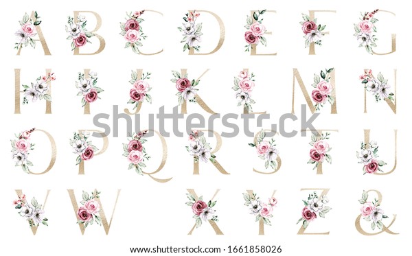 Gold letters set, alphabet with watercolor\
flowers pink roses and leaf. Floral monogram initial clip art\
perfectly for wedding invitation, greeting card and other. Holiday\
design hand\
painting.