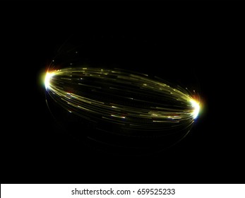 Gold light circle of luminous line with glare effect on black background. Magic futuristic golden circle light in motion background. 