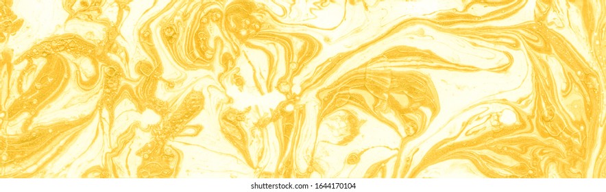 Gold Liquid Watercolour Marble. Messy Swirl Oil Background. Ink Splash Natural Liquid Marble. Ink Washes Drib Banner. Splash Ink Illustration. Gold Panorama Trendy Illustration.