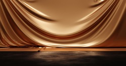 Gold Luxury Curtain Product Background Stand Or Podium Pedestal And Golden Fabric Design Stage On Grunge Floor Display Backdrop With Presentation. 3D Rendering.