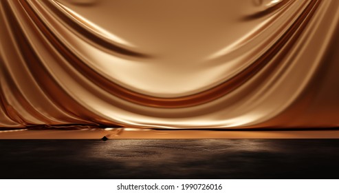 グランジフロアディスプレイ背景に金色の高級カーテン製品の背景スタンドまたは台座と金色の布デザインステージ（プレゼンテーション付き）。3Dレンダリング。