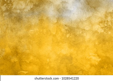 Gold Luxury Ink And Watercolor Textures On White Paper Background. Paint Leaks And Ombre Effects.