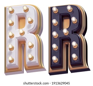 Gold Luxury Lamp Light Font.White And Black. Letter R. 3d Rendering