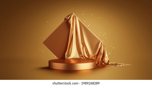 Gold Luxury Product Display Or Elegance Podium Pedestal On Abstract Golden Cloth Background With Presentation Backdrops Stage Showcase. 3D Rendering.