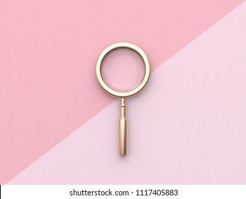 Gold Magnifying Glass Minimal Pink Flat Lay Background 3d Rendering