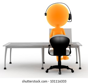 Gold Man With Headset And Computer. Call Center, Tele Marketing, IT Service Etc Conepts