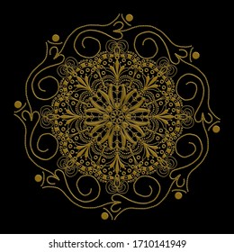 Gold mandala on black background. Luxury design with lines, dots and om or aum or ohm symbol. 