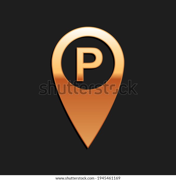 Gold Map pointer with car parking icon\
isolated on black background. Long shadow\
style.