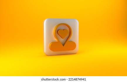 Gold Map Pointer With Heart Icon Isolated On Yellow Background. Valentines Day. Love Location. Romantic Map Pin. Silver Square Button. 3D Render Illustration.