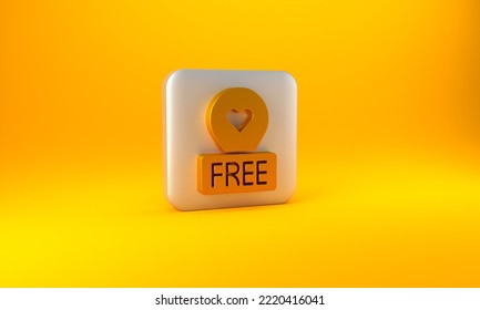 Gold Map Pointer With Heart Icon Isolated On Yellow Background. Valentines Day. Love Location. Romantic Map Pin. Silver Square Button. 3D Render Illustration.