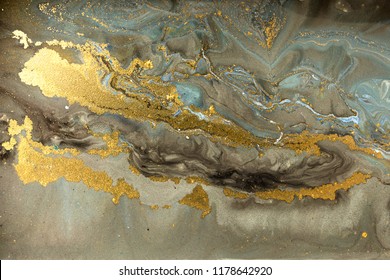 Gold Marbling Texture Design. Blue And Golden Marble Pattern. Fluid Art.