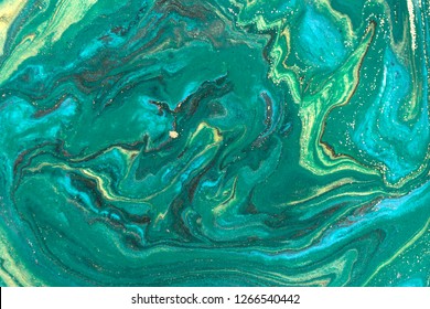 Gold Marbling Texture Design. Green And Golden Marble Pattern. Fluid Art.