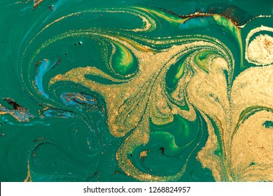 Gold Marbling Texture Design. Green And Golden Marble Pattern. Fluid Art.