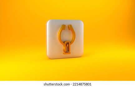 Gold Meat Tongs Icon Isolated On Yellow Background. BBQ Tongs Sign. Barbecue And Grill Tool. Silver Square Button. 3D Render Illustration.