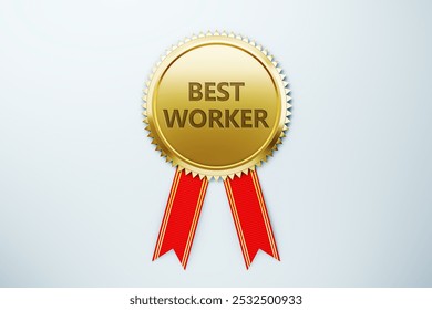 A gold medal with a red ribbon displaying Best Worker text, on a clean background, symbolizing achievement. 3D Rendering - Powered by Shutterstock