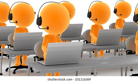 Gold Men With Headsets And Computers. Call Center, Tele Marketing, IT Service Etc Conepts