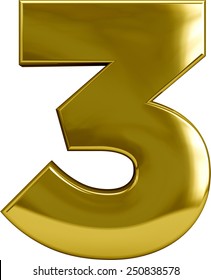 Gold metal number 3 (three) character isolated on white. Including clipping path. Part of complete alphabet set.