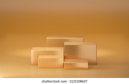 Gold Metal Podium. Five Box Step Product Stand Luxury Golden Theme. 3D Illustration Rendering.