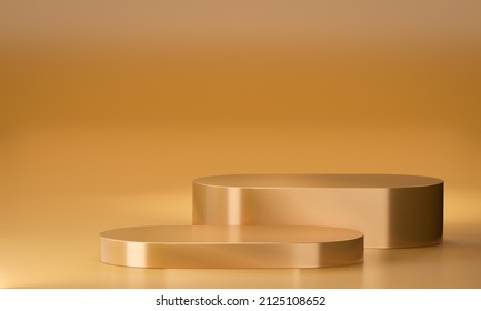 Gold Metal Podium. Two Step Product Stand Luxury Golden Theme. 3D Illustration Rendering.