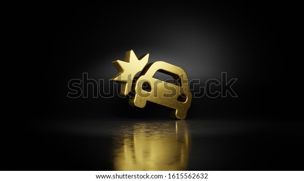 gold metal symbol of car crash\
3D rendering with blurry reflection on floor with dark\
background