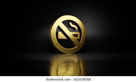 Gold Metal Symbol Of Cigarette In Ban Circle With Slash 3D Rendering With Blurry Reflection On Floor With Dark Background