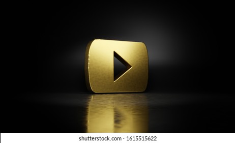 Gold Metal Symbol Of Online Youtube Music Player Logo 3D Rendering With Blurry Reflection On Floor With Dark Background