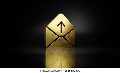 Gold Metal Symbol Of Paper Open Envelope With Up Arrow 3D Rendering With Blurry Reflection On Floor With Dark Background