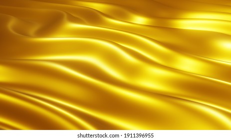 Gold Metal Texture With Waves, Liquid Golden Metallic Silk Wavy Design, 3D Render Illustration.