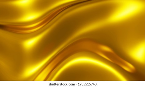 Gold metal texture with waves, liquid golden metallic silk wavy design, 3D render illustration.