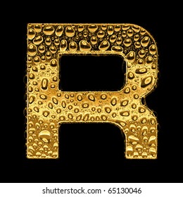 Gold metal three-dimensional alphabet symbol - letter R. Covered with drops of clear water on glossy metal. Isolated on black