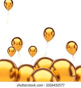 Gold Metallic Baloons Downstairs Isolated On White Background. 3D Illustration Of Party Baloons