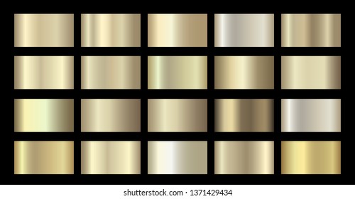 Gold Metallic, Bronze, Silver, Chrome, Copper Metal Foil Texture Gradient Template. Golden Swatch Set. Metallic Gold Gradient Illustration Gradation For Backgrounds, Banner, Rings, Ribbons
