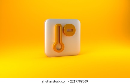 Gold Meteorology Thermometer Measuring Icon Isolated On Yellow Background. Thermometer Equipment Showing Hot Or Cold Weather. Silver Square Button. 3D Render Illustration.