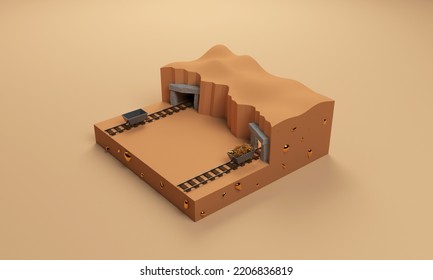 Gold Mine, With Rail And Cart Full Of Gold (3d Illustration)