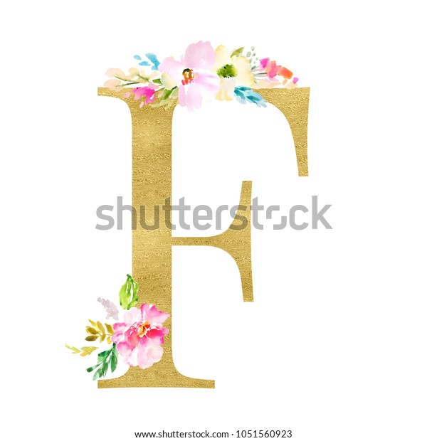 Gold Monogram Letter F Watercolor Flowers Stock Illustration 1051560923 ...