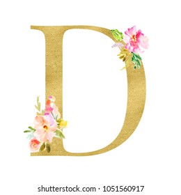 Gold Monogram Letters With Watercolor Flowers