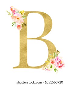 Gold Monogram Letters With Watercolor Flowers