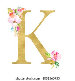 Gold Monogram Letters With Watercolor Flowers