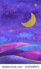 Gold Moon And Stars Watercolor Landscape Background, Hand Drawn Fantasy Painting In Blue And Purple Colors. Whimsical And Magical Illustration.