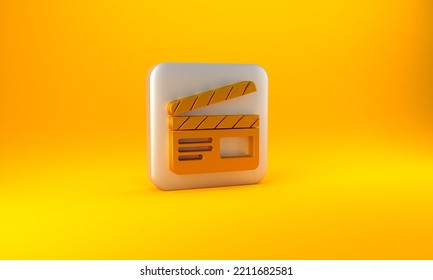 Gold Movie Clapper Icon Isolated On Yellow Background. Film Clapper Board. Clapperboard Sign. Cinema Production Or Media Industry. Silver Square Button. 3D Render Illustration.