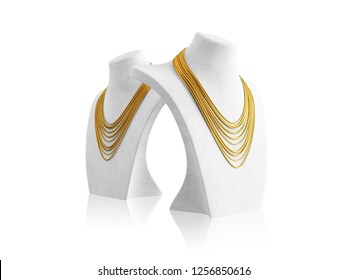 Gold Necklaces On White Mannequin. 3D Render