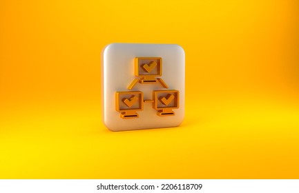 Gold NFT Blockchain Technology Icon Isolated On Yellow Background. Non Fungible Token. Digital Crypto Art Concept. Silver Square Button. 3D Render Illustration.