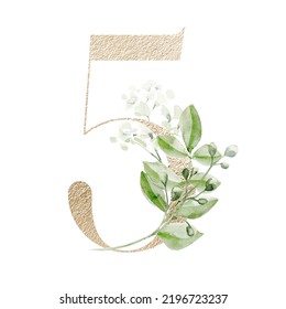 Gold Number 5 Watercolor Leaves Perfectly Stock Illustration 2196723237 ...