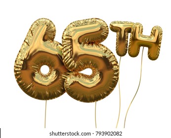 Gold number 65 foil birthday balloon isolated on white. Golden party celebration. 3D Rendering
