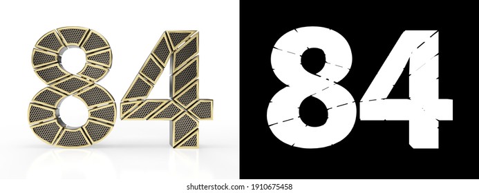 Gold number eighty-four (number 84) cut into perforated gold segments with alpha channel and shadow on white background. Front view. 3D illustration