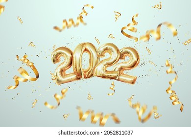 Gold numbers 2022 from Gold foil balloons. Happy New Year. Modern design on a light background. Design template, header for the site, poster, New Year's card. 3D illustration, 3D render - Powered by Shutterstock