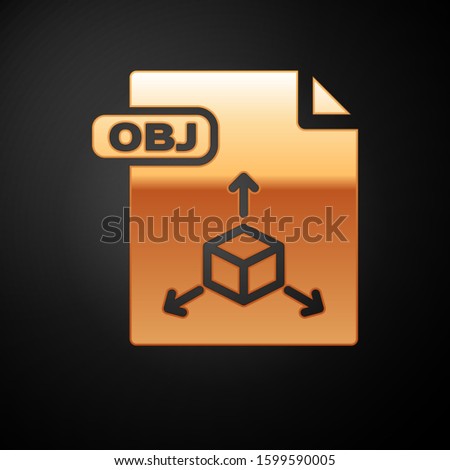 Gold OBJ file document. Download obj button icon isolated on black background. OBJ file symbol.  