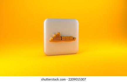 Gold Oil Tanker Ship Icon Isolated On Yellow Background. Silver Square Button. 3D Render Illustration.